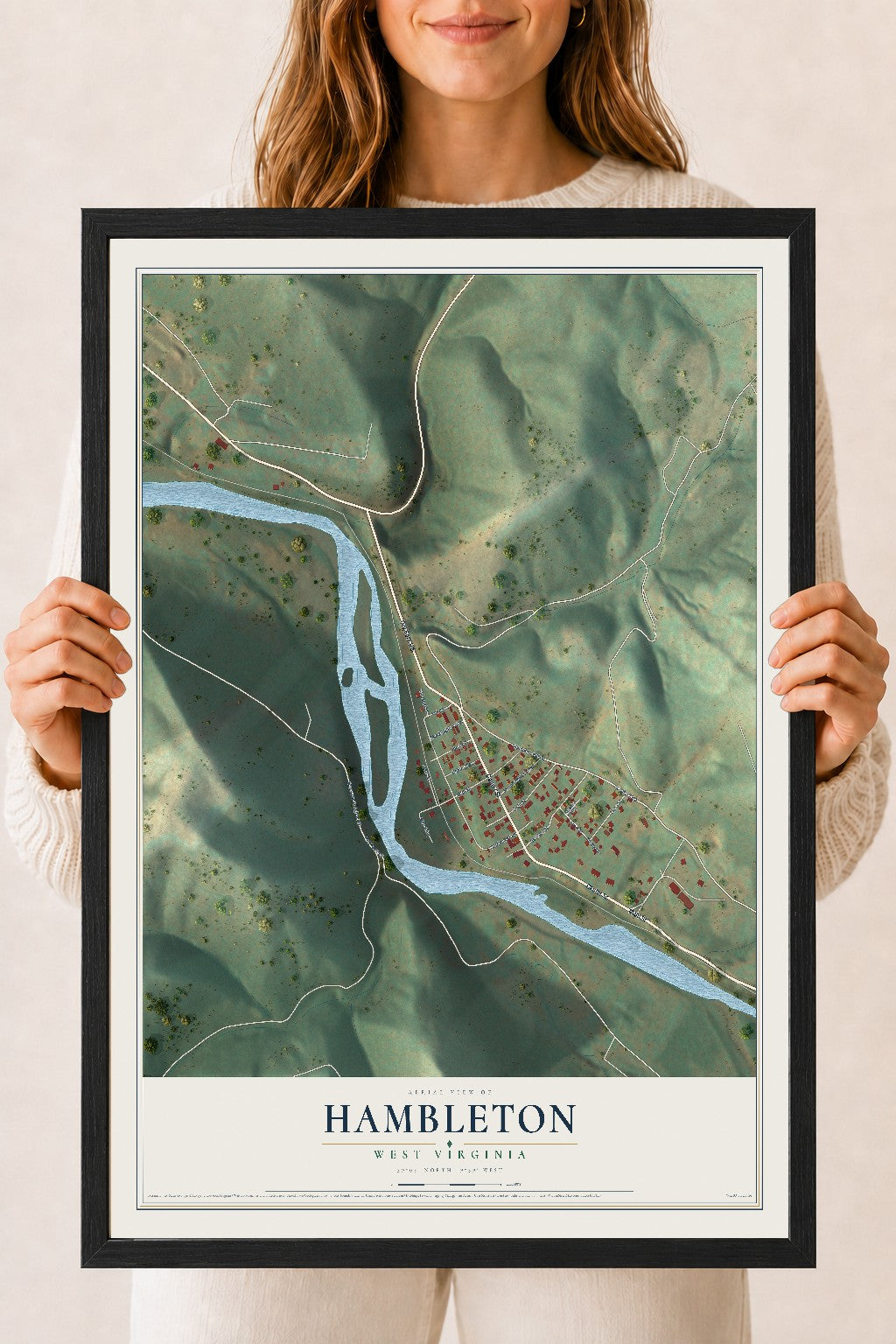 Map of Hambleton, West Virginia, 18 x 24 inch print in a black wood frame