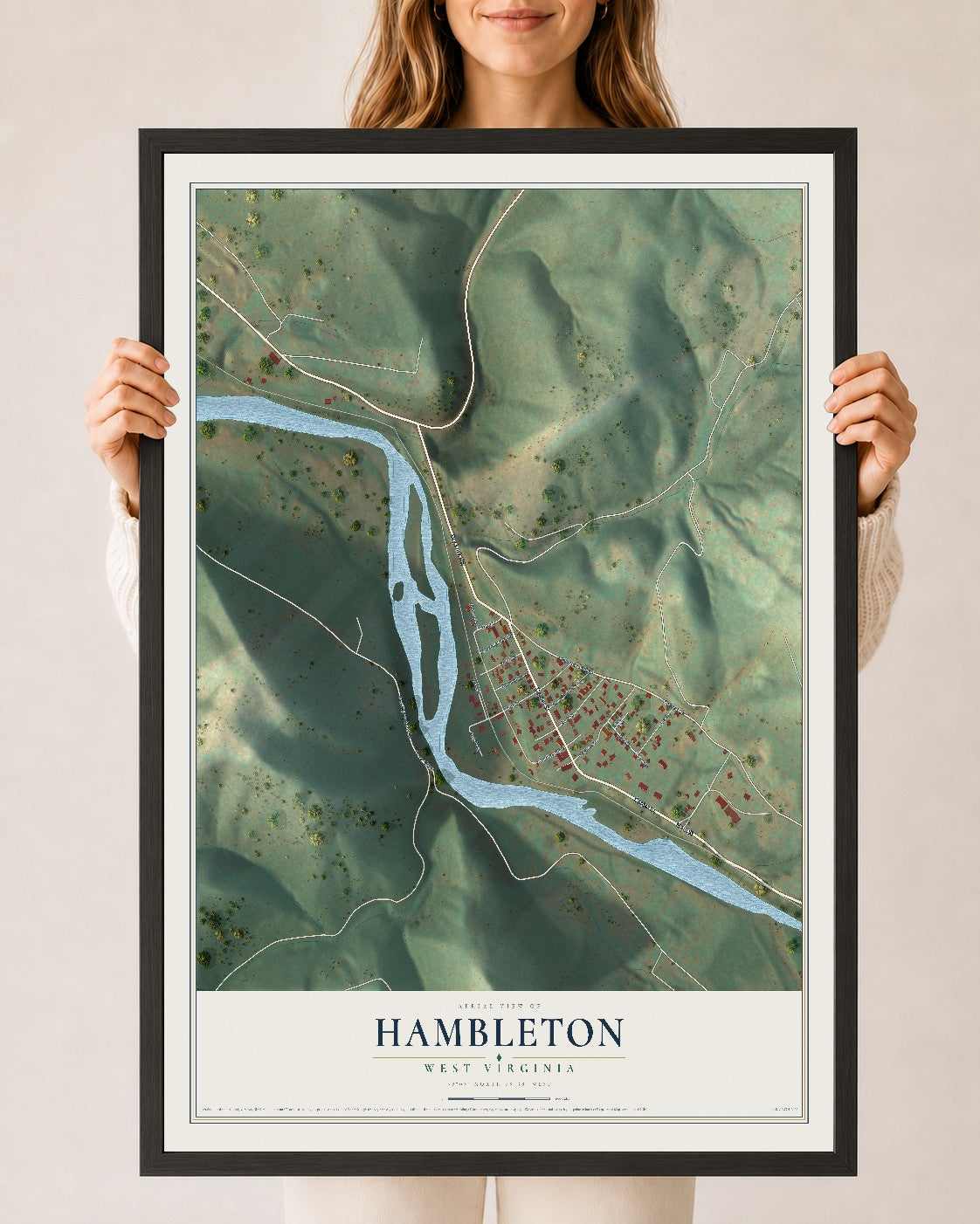 Map of Hambleton, West Virginia, 24 x 36 inch print in a black wood frame