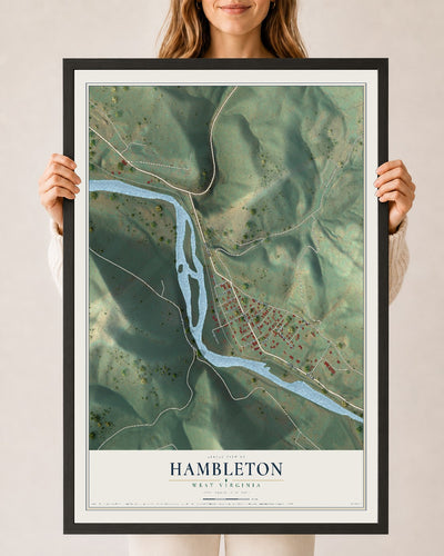 Map of Hambleton, West Virginia, 24 x 36 inch print in a black wood frame