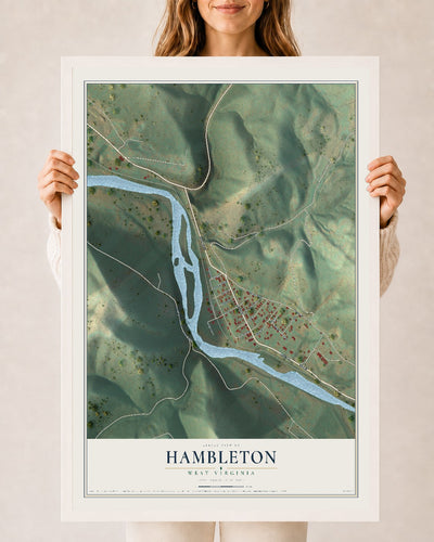 Map of Hambleton, West Virginia, 24 x 36 inch print in a white wood frame
