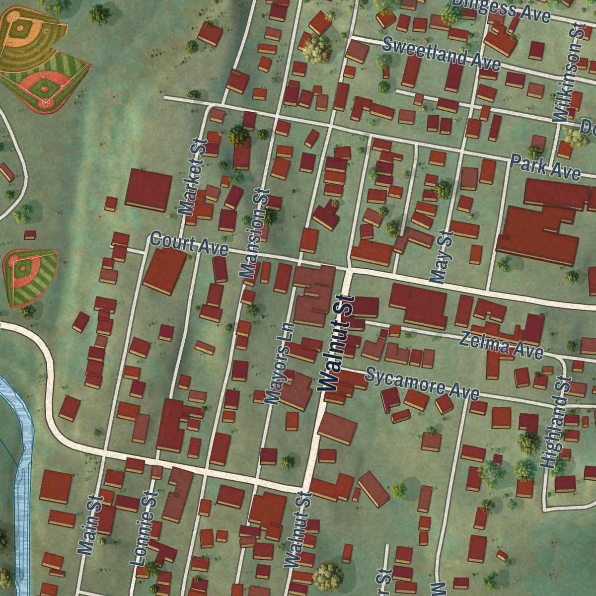Close-up of the map of Hamlin, West Virginia print showing street and building detail