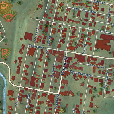 Close-up of the map of Hamlin, West Virginia print showing street and building detail