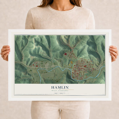 Map of Hamlin, West Virginia, 12 x 18 inch print in a white wood frame
