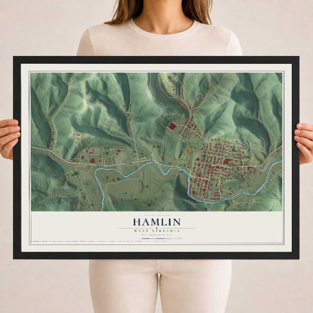 Map of Hamlin, West Virginia, 18 x 24 inch print in a black wood frame