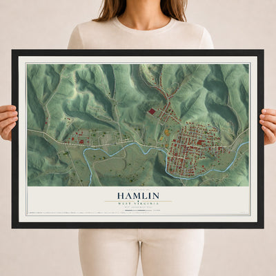 Map of Hamlin, West Virginia, 18 x 24 inch print in a black wood frame