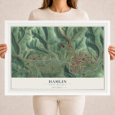 Map of Hamlin, West Virginia, 18 x 24 inch print in a white wood frame