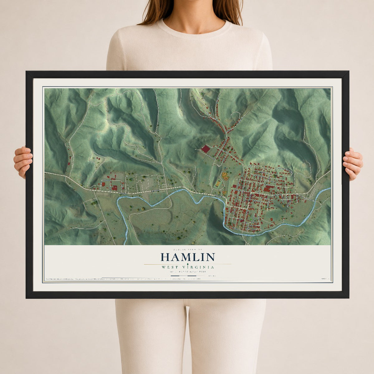 Map of Hamlin, West Virginia, 24 x 36 inch print in a black wood frame