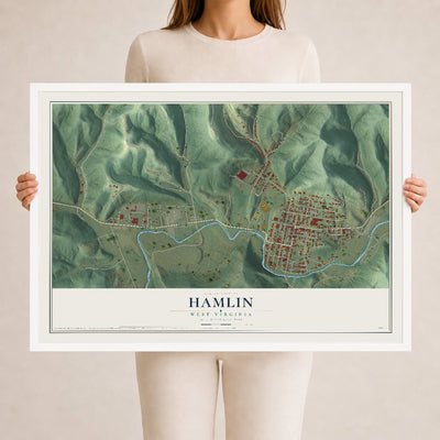 Map of Hamlin, West Virginia, 24 x 36 inch print in a white wood frame