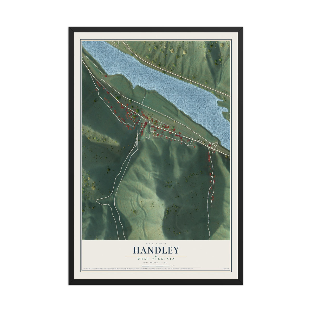 Map of Handley, West Virginia, 12 x 18 inch print in a black wood frame