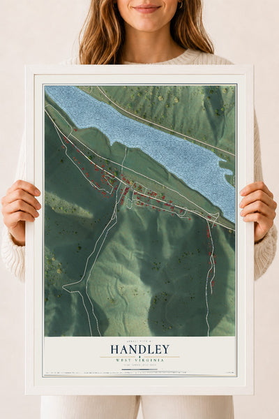 Map of Handley, West Virginia, 18 x 24 inch print in a white wood frame