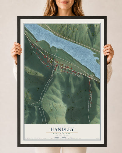 Map of Handley, West Virginia, 24 x 36 inch print in a black wood frame