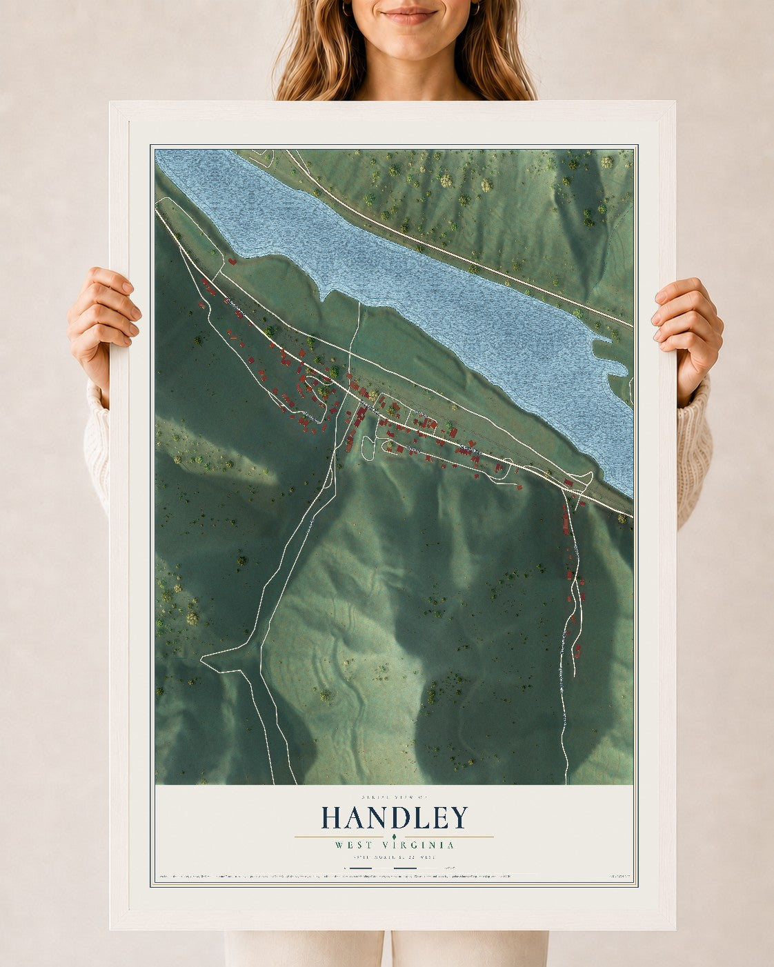 Map of Handley, West Virginia, 24 x 36 inch print in a white wood frame