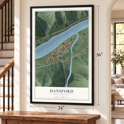 Hansford, West Virginia map, 24 x 36 inch print in a black frame by a staircase