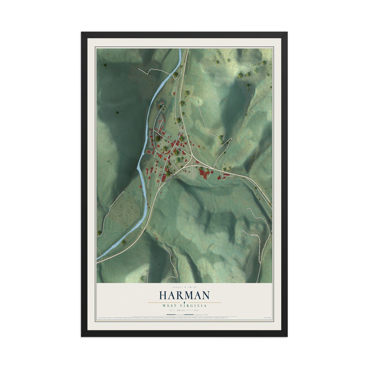 Map of Harman, West Virginia, 12 x 18 inch print in a black wood frame