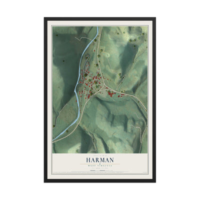 Map of Harman, West Virginia, 12 x 18 inch print in a black wood frame