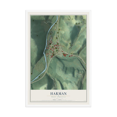 Map of Harman, West Virginia, 12 x 18 inch print in a white wood frame
