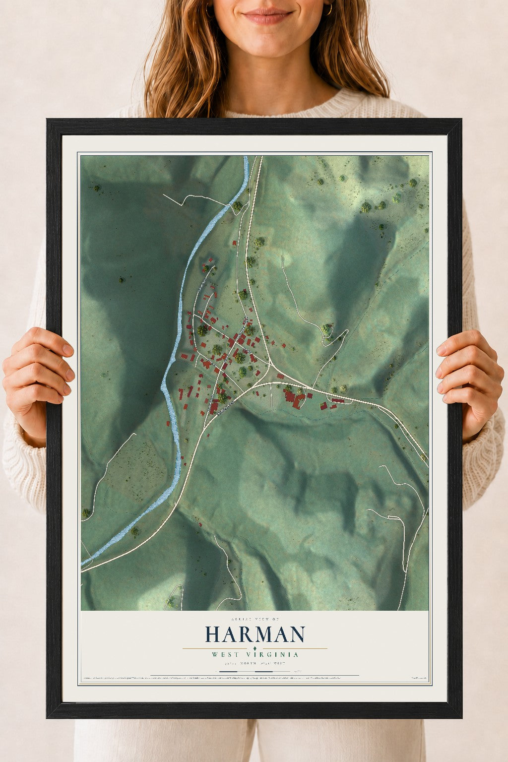 Map of Harman, West Virginia, 18 x 24 inch print in a black wood frame