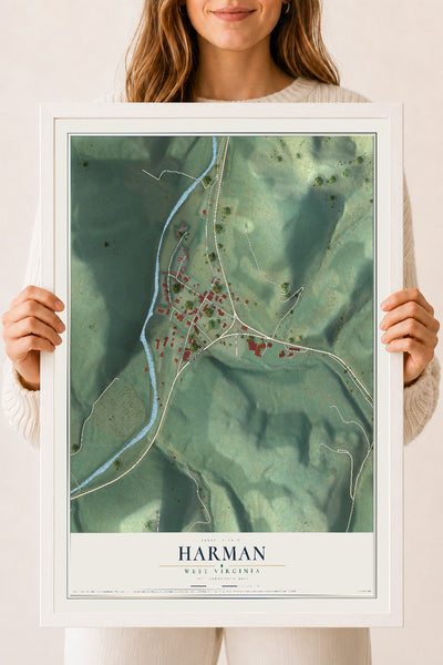 Map of Harman, West Virginia, 18 x 24 inch print in a white wood frame