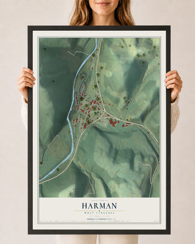 Map of Harman, West Virginia, 24 x 36 inch print in a black wood frame