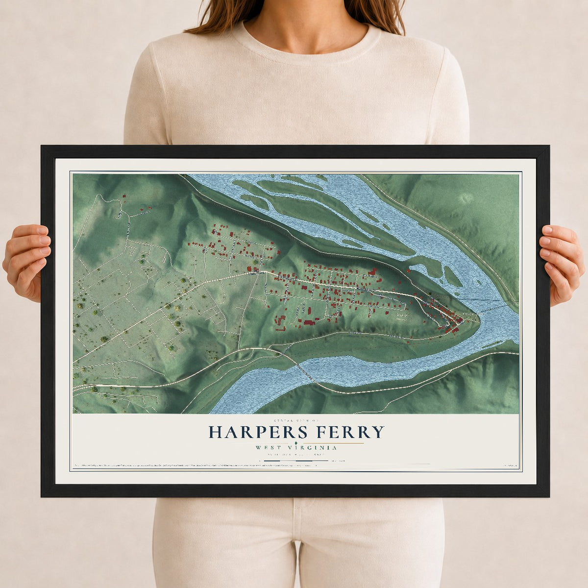 Map of Harpers Ferry, West Virginia, 12 x 18 inch print in a black wood frame
