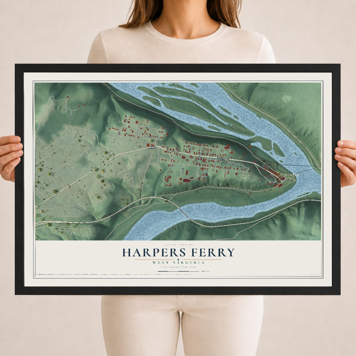 Map of Harpers Ferry, West Virginia, 18 x 24 inch print in a black wood frame