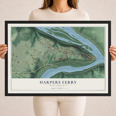Map of Harpers Ferry, West Virginia, 18 x 24 inch print in a black wood frame