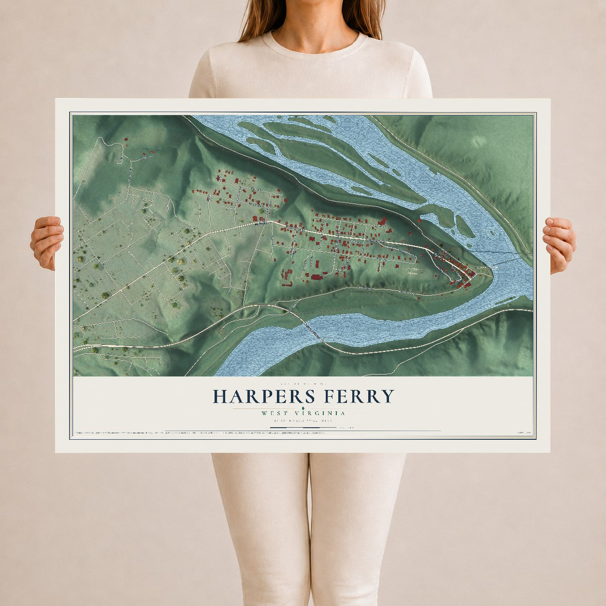 Map of Harpers Ferry, West Virginia, 24 x 36 inch unframed archival matte print