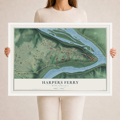 Map of Harpers Ferry, West Virginia, 24 x 36 inch print in a white wood frame