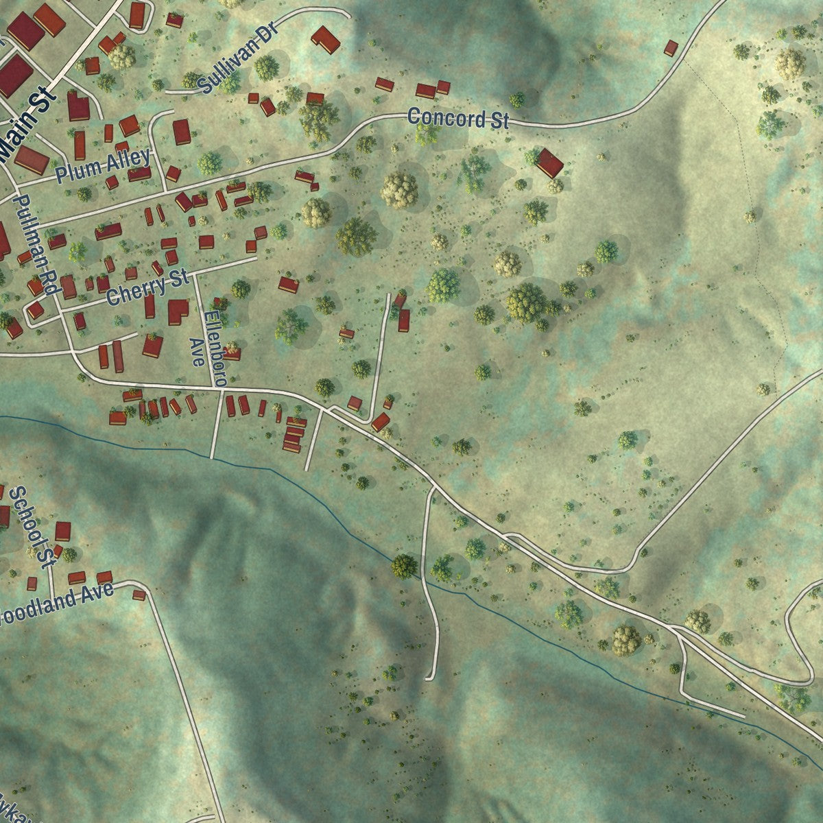 Second close-up of the map of Harrisville, West Virginia print showing more streets and buildings