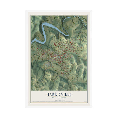 Map of Harrisville, West Virginia, 12 x 18 inch print in a white wood frame