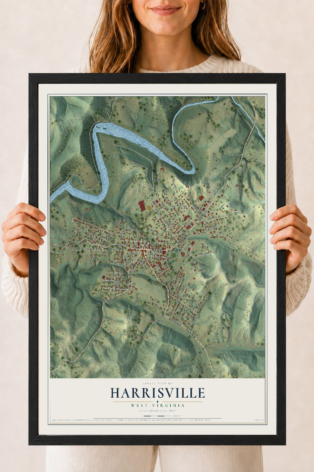Map of Harrisville, West Virginia, 18 x 24 inch print in a black wood frame
