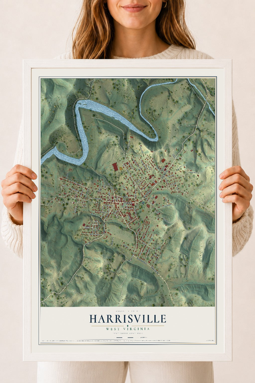Map of Harrisville, West Virginia, 18 x 24 inch print in a white wood frame