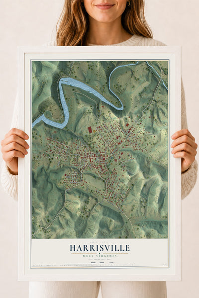 Map of Harrisville, West Virginia, 18 x 24 inch print in a white wood frame