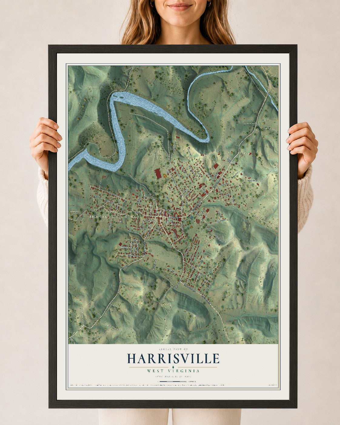 Map of Harrisville, West Virginia, 24 x 36 inch print in a black wood frame