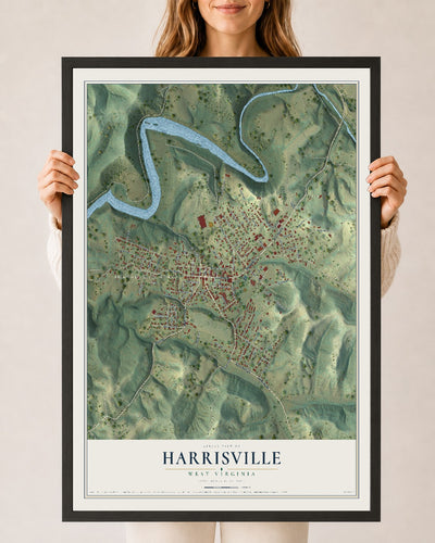 Map of Harrisville, West Virginia, 24 x 36 inch print in a black wood frame