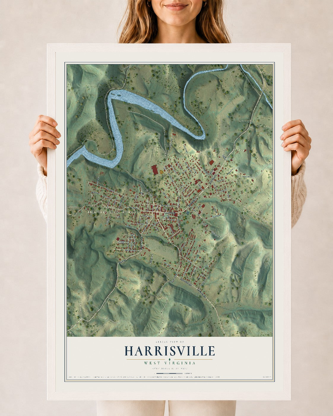 Map of Harrisville, West Virginia, 24 x 36 inch print in a white wood frame