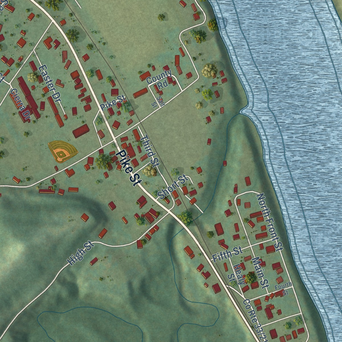 Close-up of the map of Hartford City, West Virginia print showing street and building detail