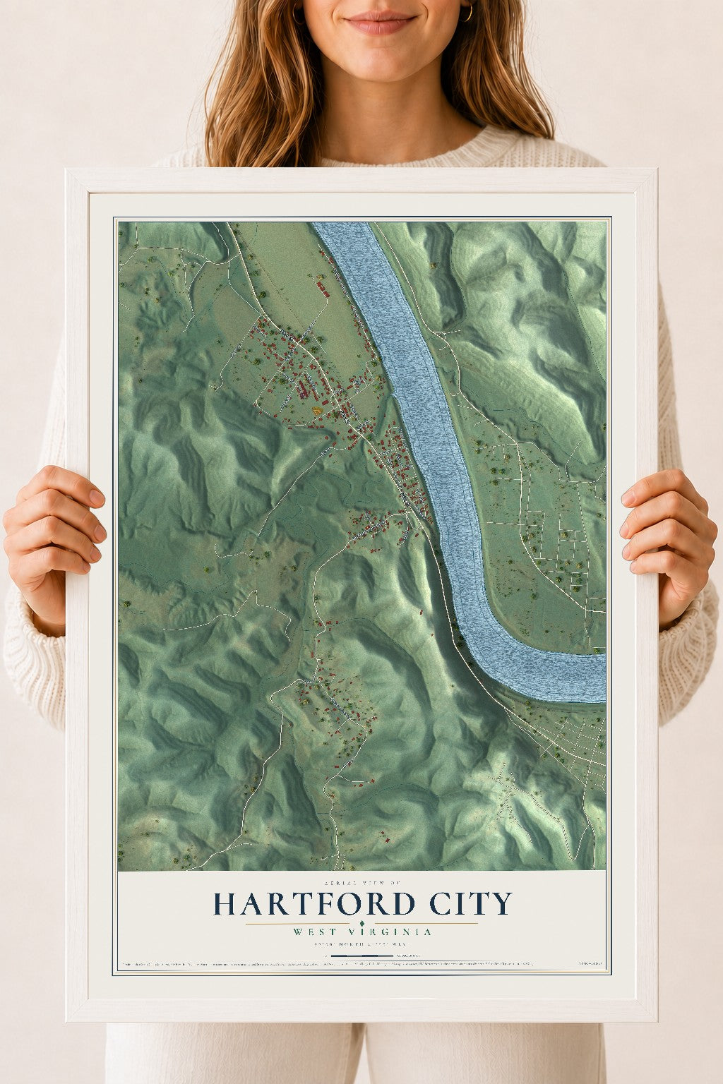 Map of Hartford City, West Virginia, 18 x 24 inch print in a white wood frame