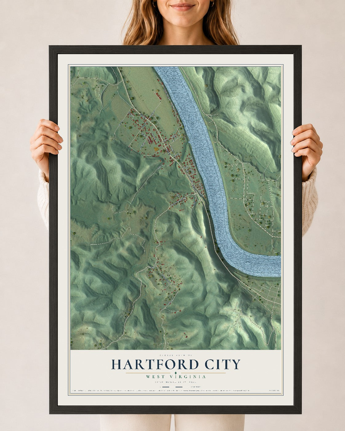 Map of Hartford City, West Virginia, 24 x 36 inch print in a black wood frame