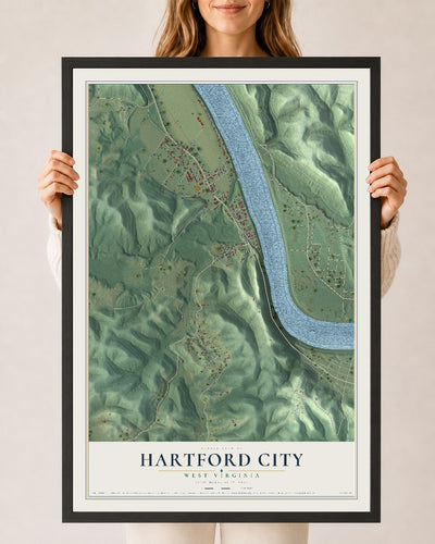 Map of Hartford City, West Virginia, 24 x 36 inch print in a black wood frame