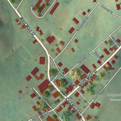 Close-up of the map of Hedgesville, West Virginia print showing street and building detail