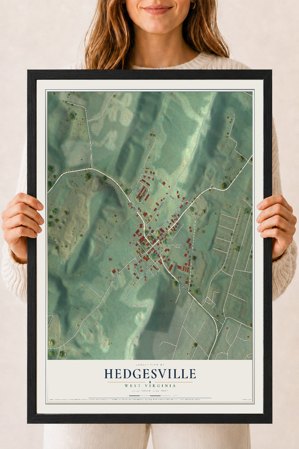 Map of Hedgesville, West Virginia, 18 x 24 inch print in a black wood frame
