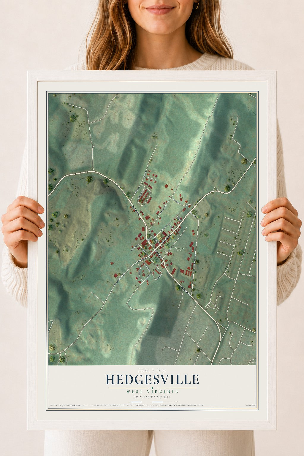 Map of Hedgesville, West Virginia, 18 x 24 inch print in a white wood frame