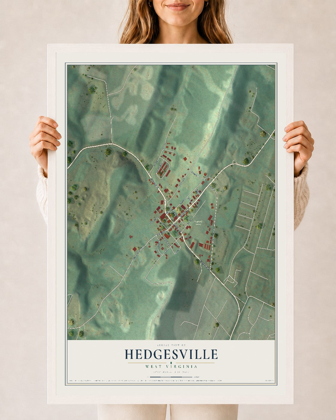 Map of Hedgesville, West Virginia, 24 x 36 inch print in a white wood frame