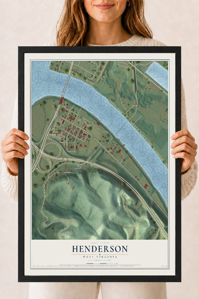 Map of Henderson, West Virginia, 18 x 24 inch print in a black wood frame