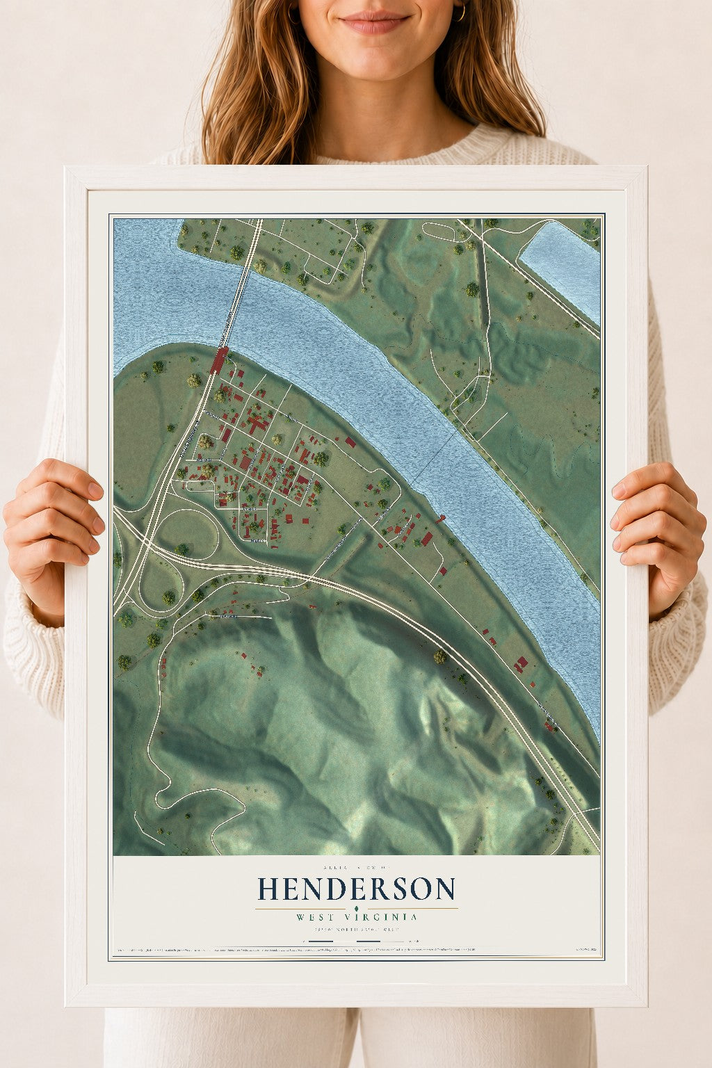 Map of Henderson, West Virginia, 18 x 24 inch print in a white wood frame