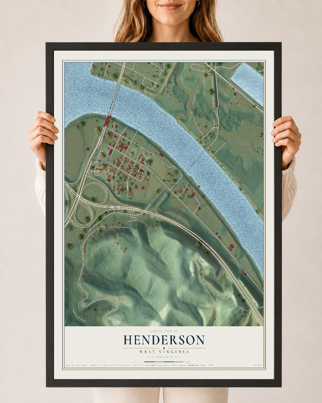 Map of Henderson, West Virginia, 24 x 36 inch print in a black wood frame