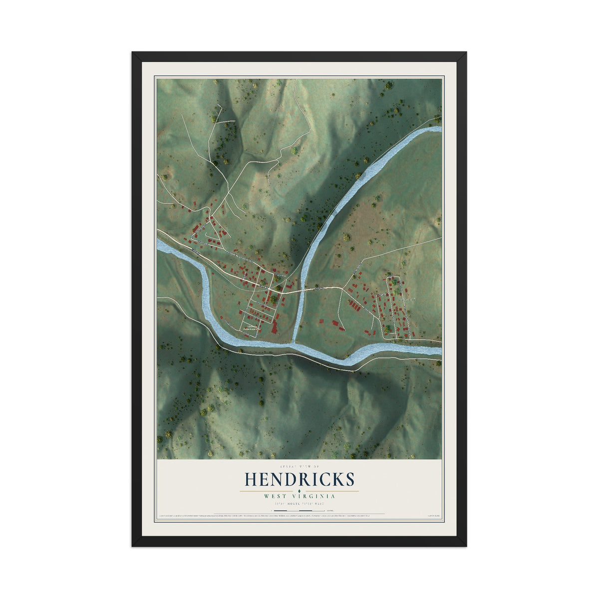 Map of Hendricks, West Virginia, 12 x 18 inch print in a black wood frame