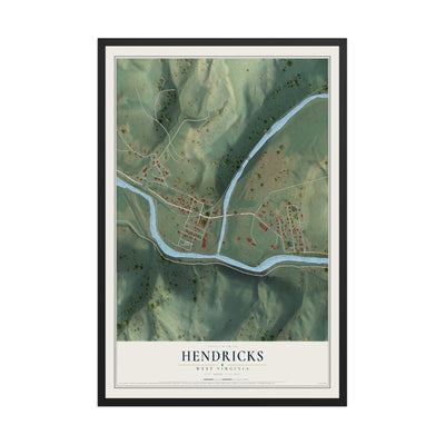 Map of Hendricks, West Virginia, 12 x 18 inch print in a black wood frame