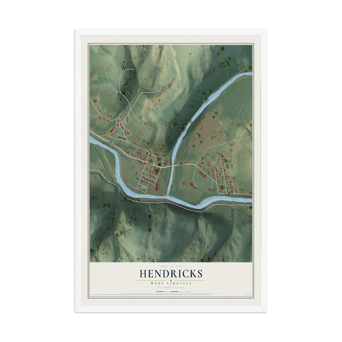 Map of Hendricks, West Virginia, 12 x 18 inch print in a white wood frame